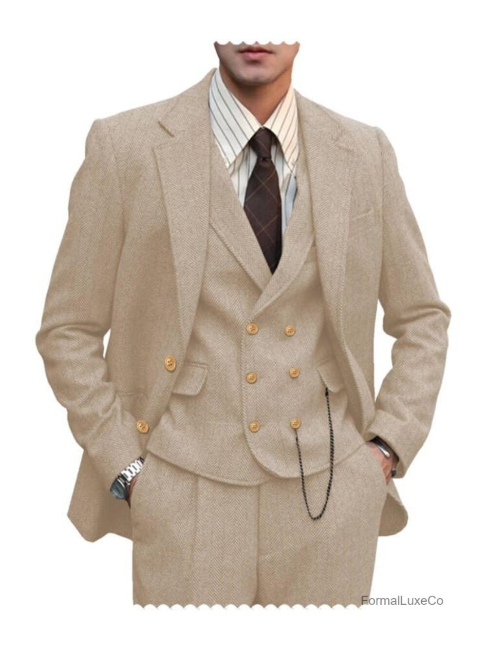 Men's 3 Piece Tweed Wool Formal Suit Wedding Slim Fit Tuxedo Groomsmen